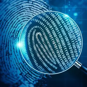 Magnifying glass and Biometrics authentication technology with binary code. Fingerprint digital technology, Digital verification access, and Cyber access identity Concept. 3D rendering.